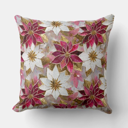 ホワイト金ゴールドブルガンディピンククリスマスポインセチア クッション (正面)