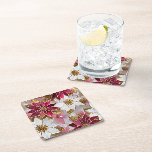ホワイト金ゴールドブルガンディピンククリスマスポインセチア スクエアペーパーコースター (インサイチュ)