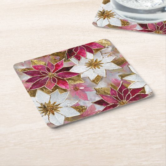ホワイト金ゴールドブルガンディピンククリスマスポインセチア スクエアペーパーコースター (アングル)