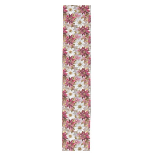 ホワイト金ゴールドブルガンディピンククリスマスポインセチア ミディアムテーブルランナー (正面)