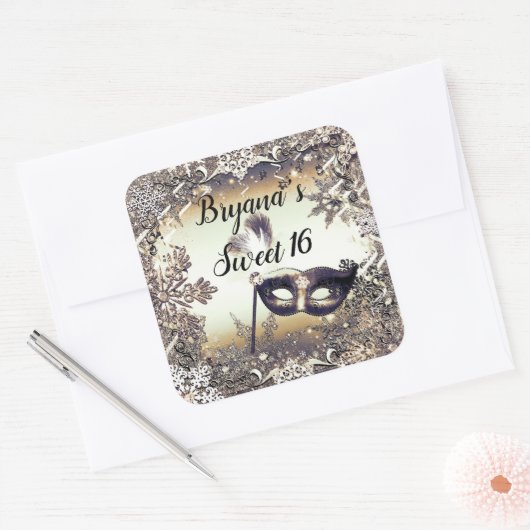 ホワイト金ゴールドブロンズマスカレード&ウィンタースノーフレーク スクエアシール (封筒)