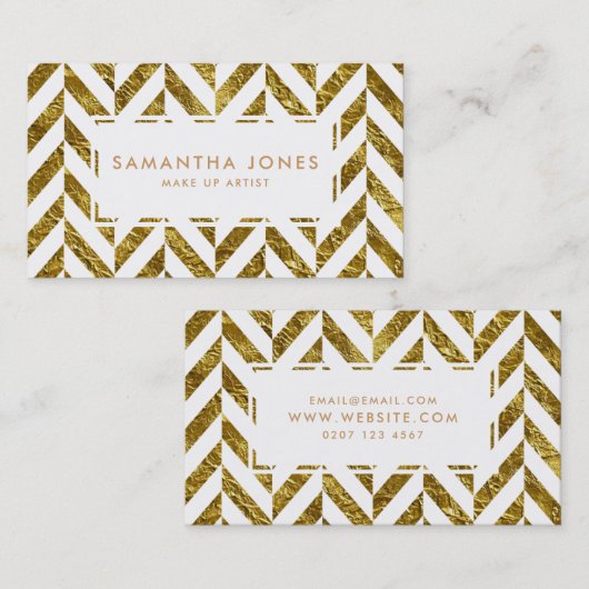 ホワイト金ゴールドヘリンボーンパターンメイクアップアーティスト 名刺 (正面/裏面)