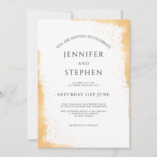 ホワイト金ゴールドミニマリストスパークル結婚エッジ 招待状 (正面)