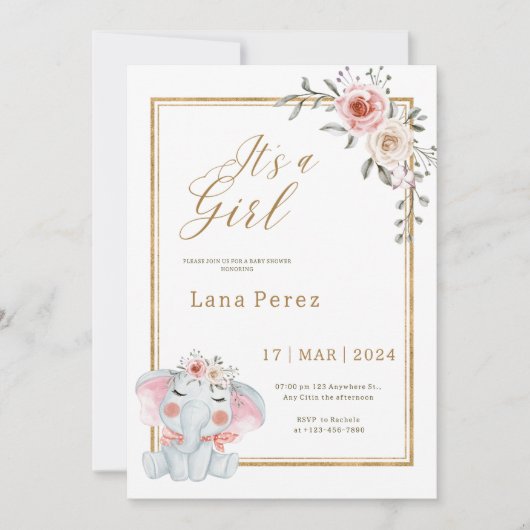 ホワイト金ゴールドミニマリスト動物の赤ちゃんシャワー 招待状 (正面)