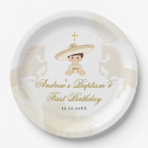 ホワイト金ゴールドメキシカンバプテスマ&ファースト誕生日 ペーパープレート