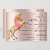 ホワイト金ゴールドユニコーンホース誕生日パーティユニークー 招待状 (正面/裏面)