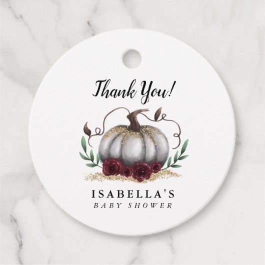 ホワイト金ゴールドリトルカボチャ赤ちゃんシャワーメッセージカード フェイバータグ (正面)