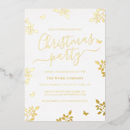 ホワイト金ゴールドリーフ企業のクリスマスパーティー 箔招待状 (正面)