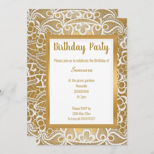 ホワイト金ゴールドレース金ゴールドトリムエレガント誕生日 招待状 (正面/裏面)