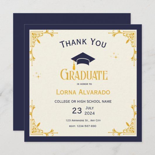 ホワイト金ゴールドヴィンテージの卒業サンキューカード サンキューカード (正面/裏面)