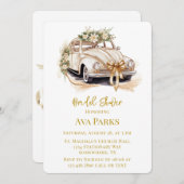 ホワイト金ゴールドヴィンテージカー&花模様ブライダルシャワー 招待状 (正面/裏面)