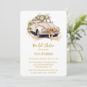 ホワイト金ゴールドヴィンテージカー&花模様ブライダルシャワー 招待状 (スタンド正面)