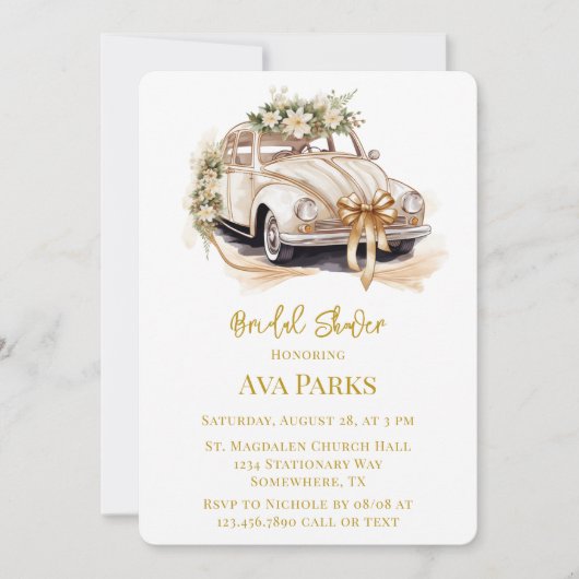 ホワイト金ゴールドヴィンテージカー&花模様ブライダルシャワー 招待状 (正面)