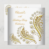 ホワイト金ゴールド任意の年齢エレガントな誕生日パーティーフローラ 招待状 (正面/裏面)