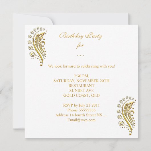 ホワイト金ゴールド任意の年齢エレガントな誕生日パーティーフローラ 招待状 (裏面)