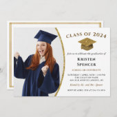 ホワイト金ゴールド大学院写真枠卒業パーティー 招待状 (正面/裏面)