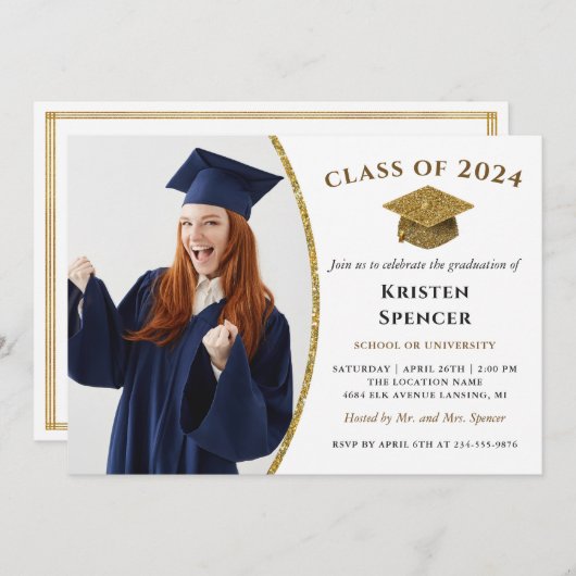 ホワイト金ゴールド大学院写真枠卒業パーティー 招待状 (正面/裏面)