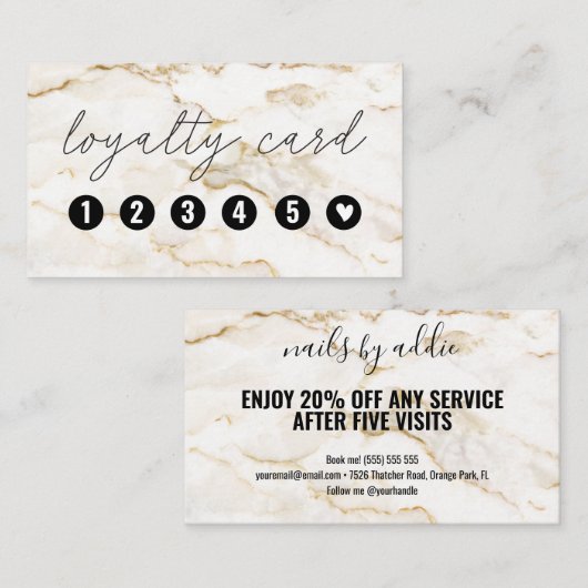 ホワイト金ゴールド大理石ネイルサロンロイヤリティカード ロイヤリティカード (正面/裏面)