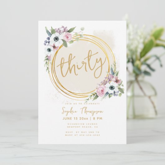 ホワイト金ゴールド幾何学模様アネモンバラ30歳の誕生日 招待状 (スタンド正面)