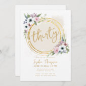 ホワイト金ゴールド幾何学模様アネモンバラ30歳の誕生日 招待状 (正面/裏面)