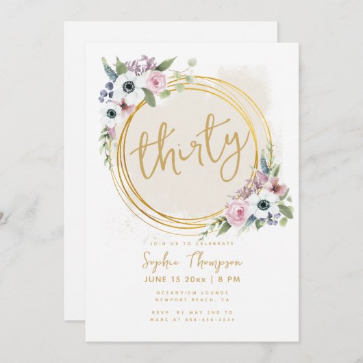 ホワイト金ゴールド幾何学模様アネモンバラ30歳の誕生日 招待状 (正面/裏面)