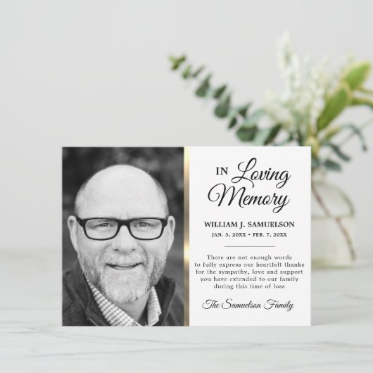 ホワイト金ゴールド悔やみや弔慰葬儀記念ありがとう写真 サンキューカード (スタンド正面)