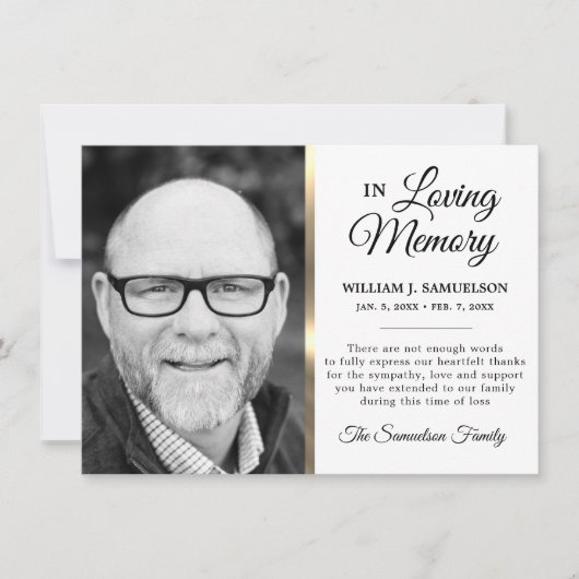 ホワイト金ゴールド悔やみや弔慰葬儀記念ありがとう写真 サンキューカード (正面)