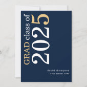 ホワイト金ゴールド文字2025ネイビーブルー卒業 案内状 (正面)