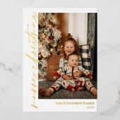 ホワイト金ゴールド書道写真楽しいクリスマスフォイル 箔シーズンカード (正面)