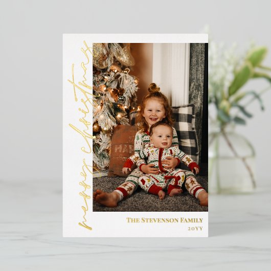 ホワイト金ゴールド書道写真楽しいクリスマスフォイル 箔シーズンカード (立ち正面)