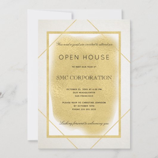 ホワイト金ゴールド枠フォーマル企業のオープンハウス 招待状 (正面)