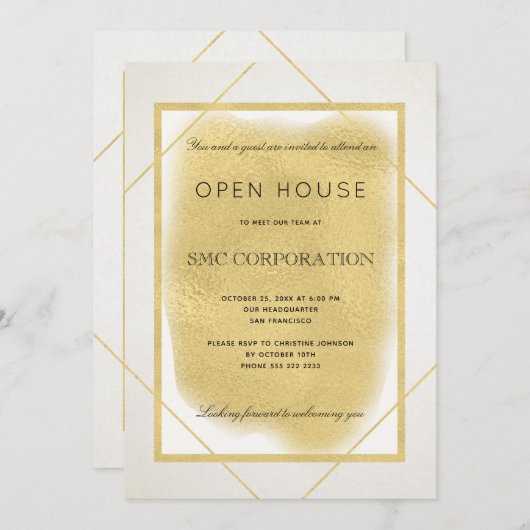 ホワイト金ゴールド枠フォーマル企業のオープンハウス 招待状 (正面/裏面)