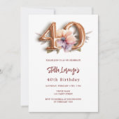 ホワイト金ゴールド桃フローラ40歳の誕生日 招待状 (正面)