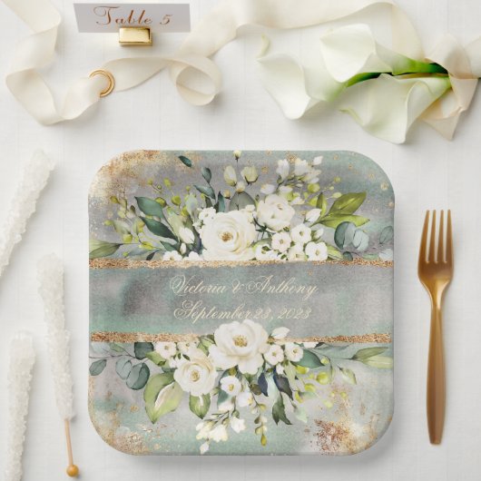ホワイト金ゴールド植物フローラセ結婚ージグリーンズ ペーパープレート (ウェディング)