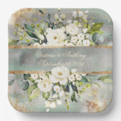 ホワイト金ゴールド植物フローラセ結婚ージグリーンズ ペーパープレート (正面)