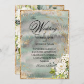 ホワイト金ゴールド植物学フローラセージ結婚グリーン 招待状 (正面/裏面)