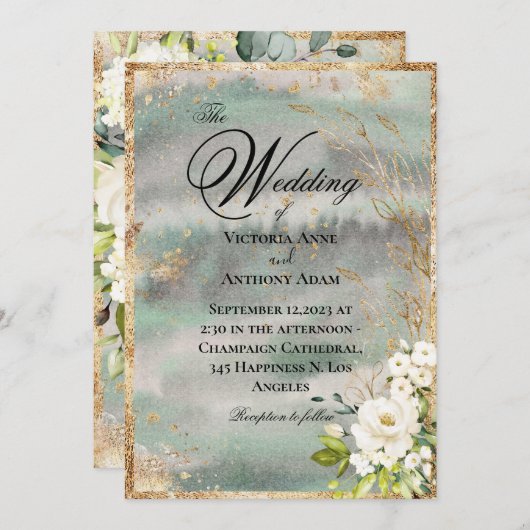 ホワイト金ゴールド植物学フローラセージ結婚グリーン 招待状 (正面/裏面)