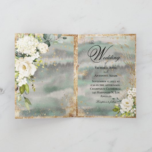 ホワイト金ゴールド植物学フローラセージ結婚グリーン 招待状 (内部)