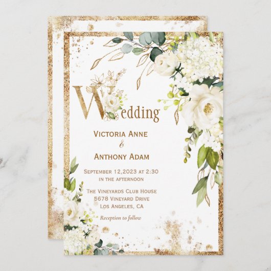 ホワイト金ゴールド植物性フローラ素朴結婚ズ 招待状 (正面/裏面)