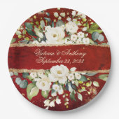ホワイト金ゴールド植物性素朴フローラ結婚レッドPa ペーパープレート (正面)