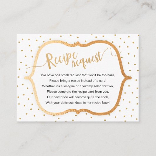 ホワイト金ゴールド紙吹雪ブライダルシャワーレシピ要求 エンクロージャーカード (正面)