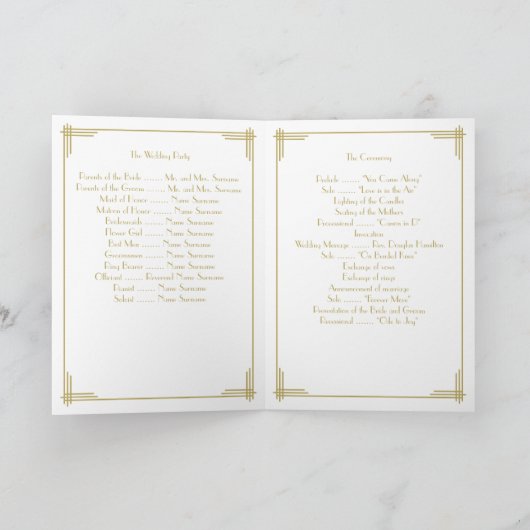 ホワイト金ゴールド素晴らしギャツビーアールデコ結婚式 プログラム (内部)