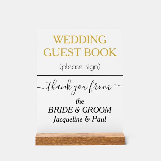 ホワイト金ゴールド結婚カラーのゲストブック名 アクリルサイン (正面)