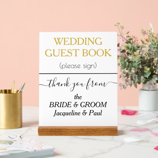 ホワイト金ゴールド結婚カラーのゲストブック名 アクリルサイン (ウェディング)