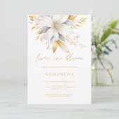 ホワイト金ゴールド花模様ラブイン開花ブライダルシャワー 招待状 (スタンド正面)