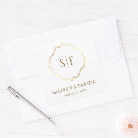ホワイト金ゴールド華美結婚式の引き出物スクエアステッカー スクエアシール (封筒)
