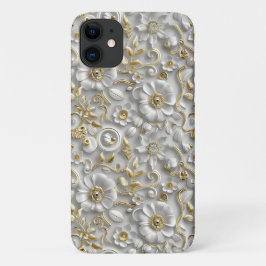 ホワイト金ゴールド装飾3Dフローラフローラ iPhone 11 ケース