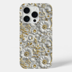 ホワイト金ゴールド装飾3Dフローラフローラ iPhone 15 PROケース