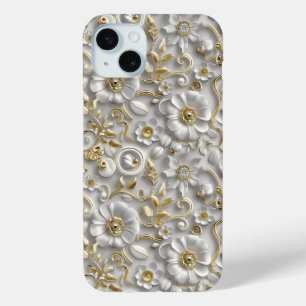 ホワイト金ゴールド装飾3Dフローラフローラ iPhone 15 MINIケース