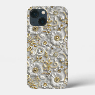 ホワイト金ゴールド装飾3Dフローラフローラ iPhone 13 MINIケース